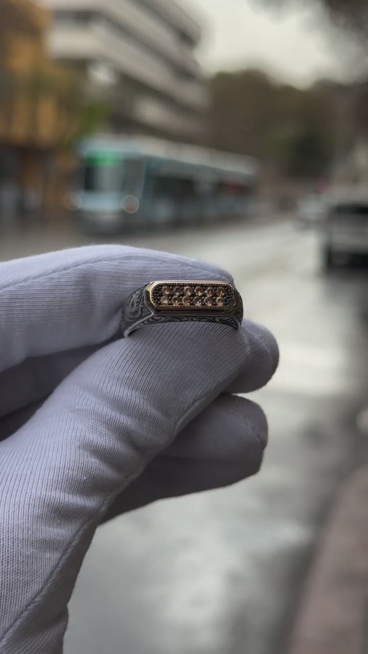 Fine detail engraved silver ring with micro stones