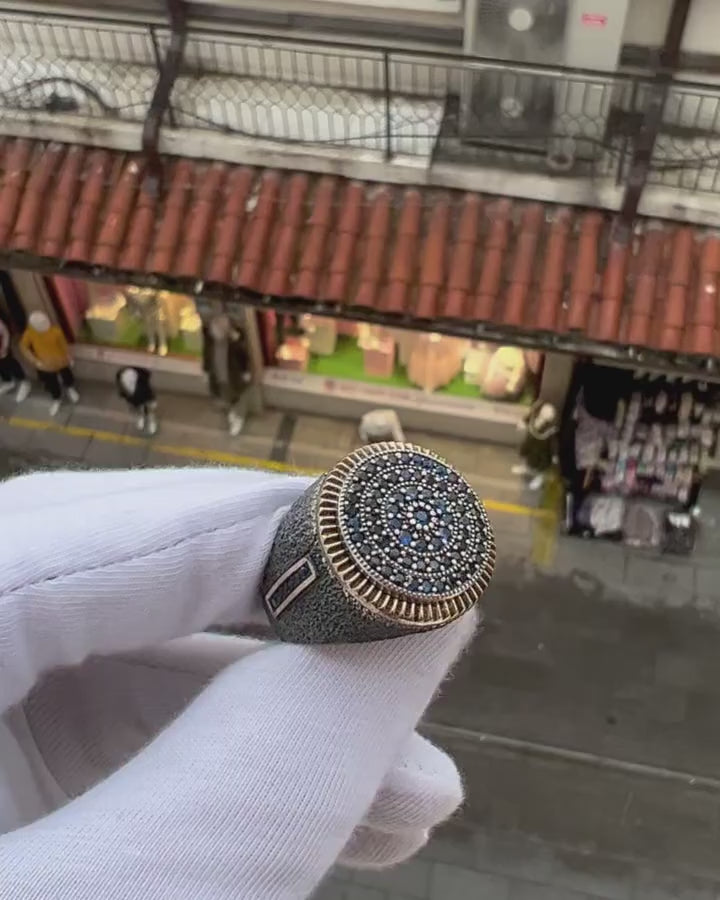 Navy Blue Micro Stone Textured Silver Ring
